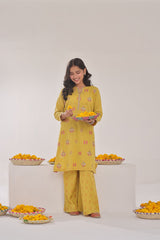 Oil Yellow 2PCs Cotton Dyed Embroidered - (Pret)