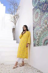 Blazing Yellow Dyed Paste Printed kurti - (Pret)