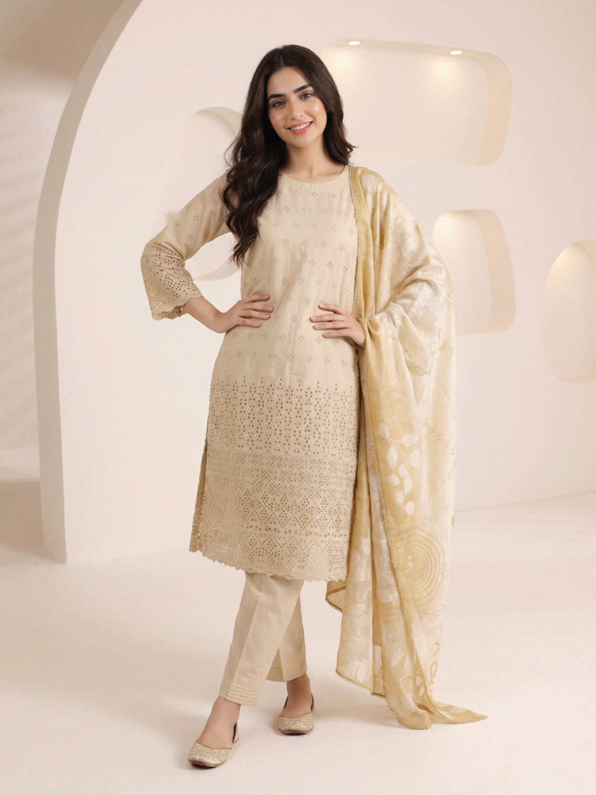 3Pc ChickenKaari Unstitched Suit Lawn Beige - OCBL3P-6432-A