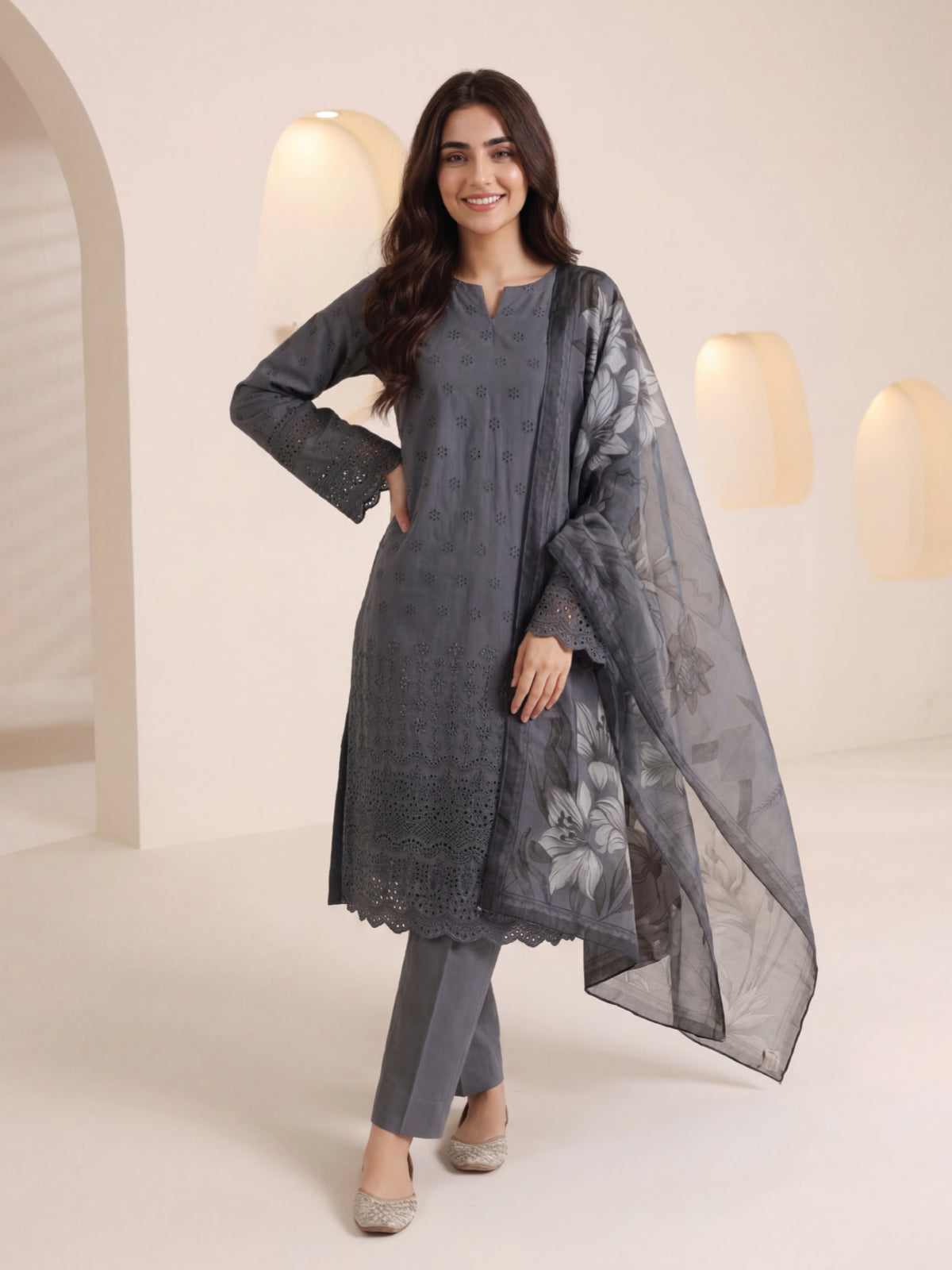 3Pc ChickenKaari Unstitched Suit Lawn Dark Grey - OCBL3P-6434-A