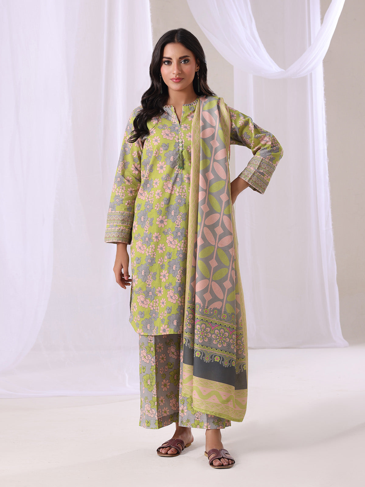 3Pc Printed Unstitched Suit Lawn Beige - OL3P-6350-B