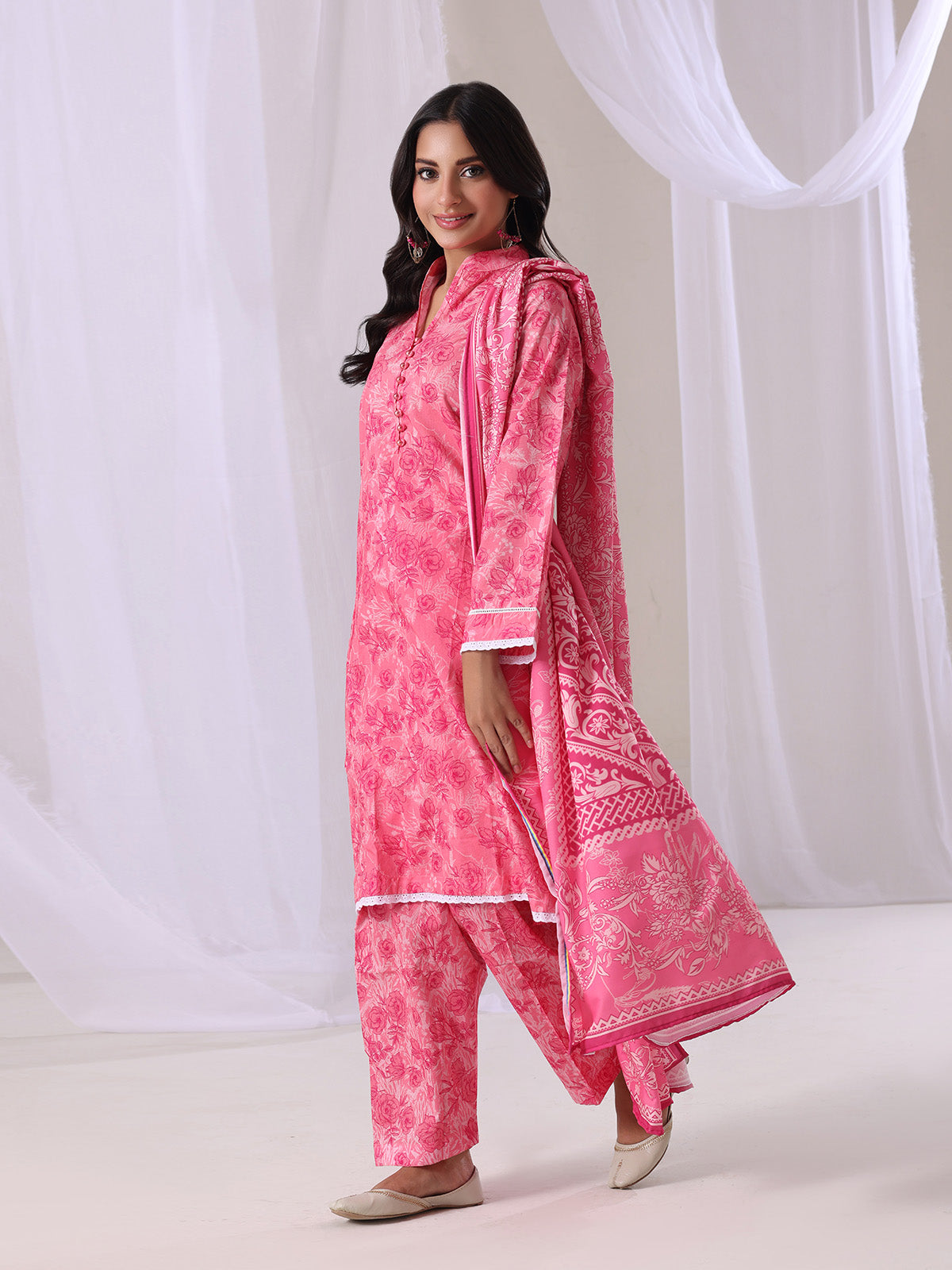 3Pc Printed Unstitched Suit Lawn Pink - OL3P-6365-A