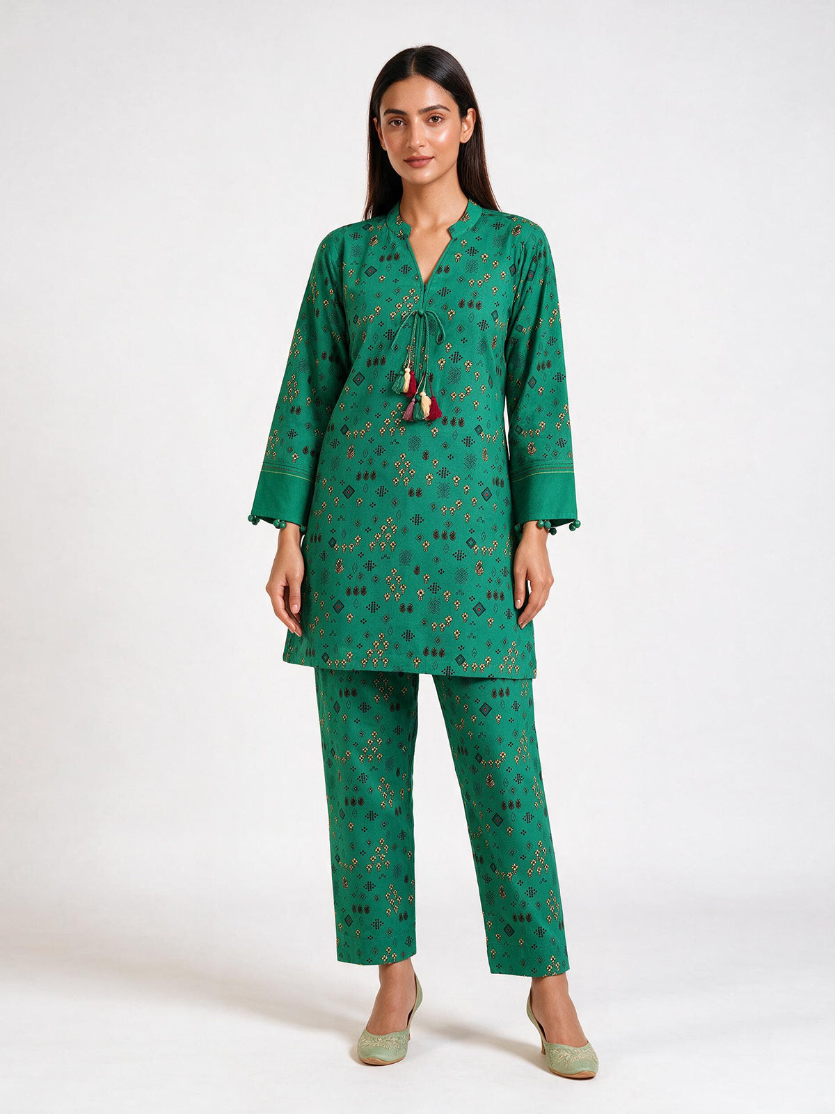 2Pc Printed Pret Shirt Trouser Cotton Dark Green - OW2P-2607006