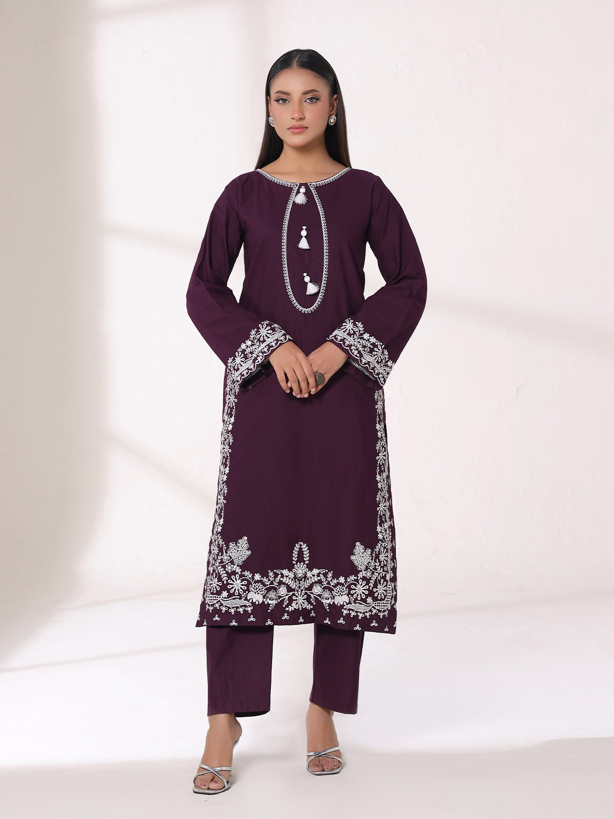 2Pcs Embroidered Pret Shirt Trouser Khaddar Purple - OWE2P-25120003-NR-03