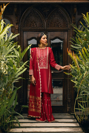 3Pc Embroidered Suit Pret Yarn Dyed Red - OWE3P-2303029