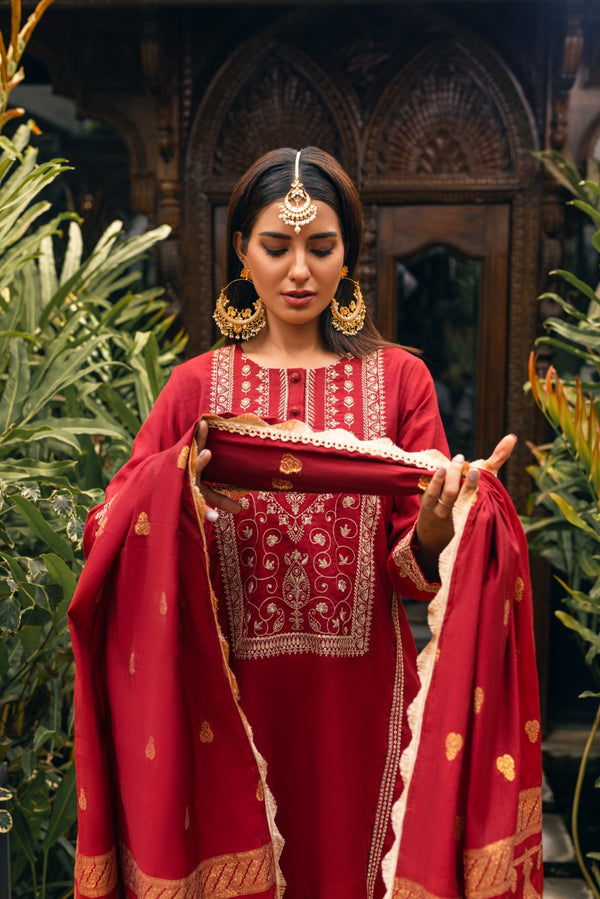 3Pc Embroidered Suit Pret Yarn Dyed Red - OWE3P-2303029