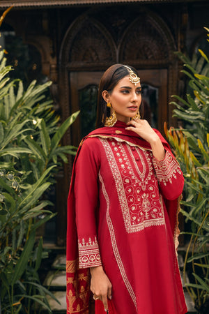 3Pc Embroidered Suit Pret Yarn Dyed Red - OWE3P-2303029