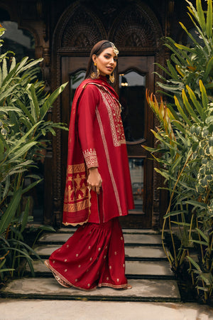 3Pc Embroidered Suit Pret Yarn Dyed Red - OWE3P-2303029