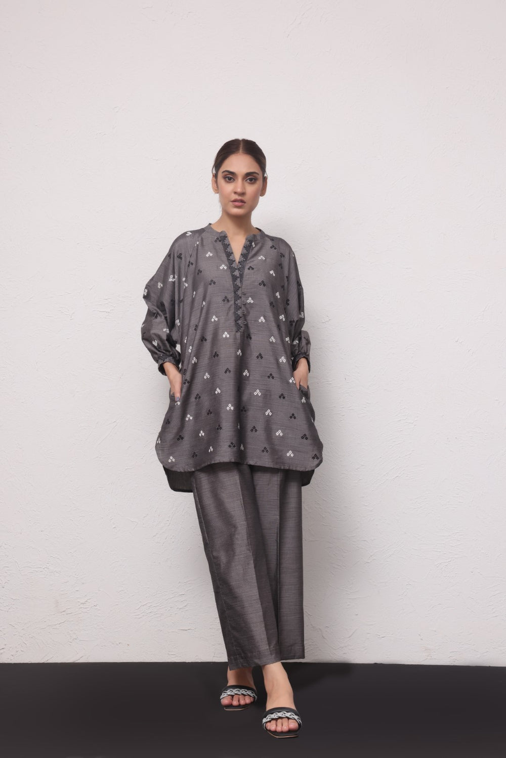 2Pc Embroidered Pret Shirt Trouser Yarn Dyed Grey - OWE2PG-2306009