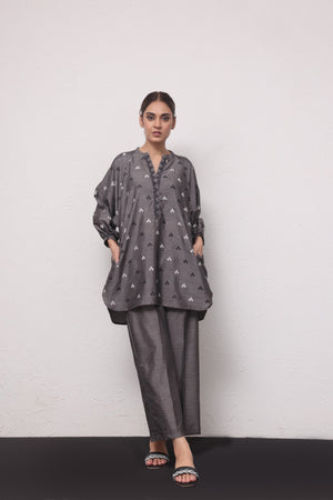 2Pc Embroidered Pret Shirt Trouser Yarn Dyed Grey - OWE2PG-2306009