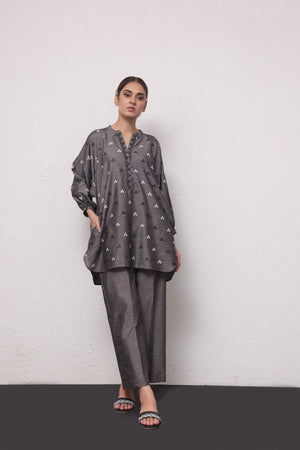 2Pc Embroidered Pret Shirt Trouser Yarn Dyed Grey - OWE2PG-2306009