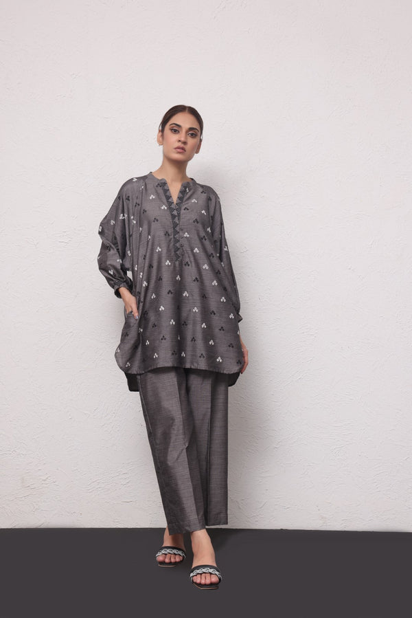 2Pc Embroidered Pret Shirt Trouser Yarn Dyed Grey - OWE2PG-2306009