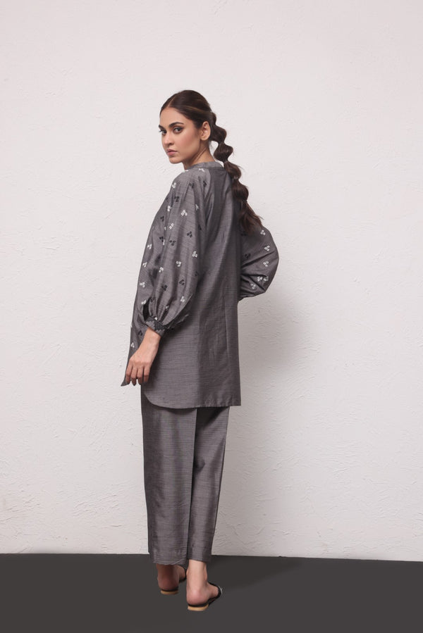 2Pc Embroidered Pret Shirt Trouser Yarn Dyed Grey - OWE2PG-2306009