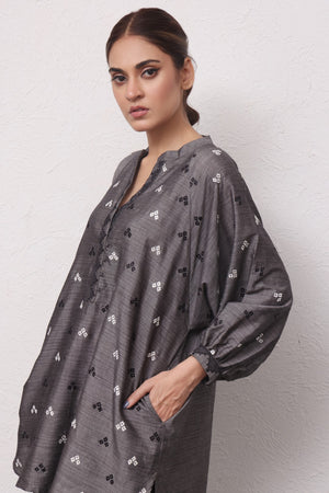 2Pc Embroidered Pret Shirt Trouser Yarn Dyed Grey - OWE2PG-2306009