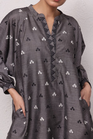 2Pc Embroidered Pret Shirt Trouser Yarn Dyed Grey - OWE2PG-2306009