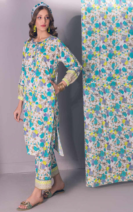 2Pc Printed Pret Shirt Trouser Lawn White & Ferozi - OW2P-2301007