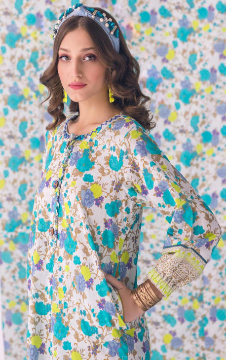2Pc Printed Pret Shirt Trouser Lawn White & Ferozi - OW2P-2301007