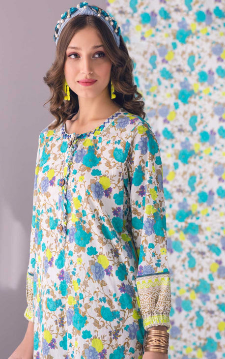 2Pc Printed Pret Shirt Trouser Lawn White & Ferozi - OW2P-2301007