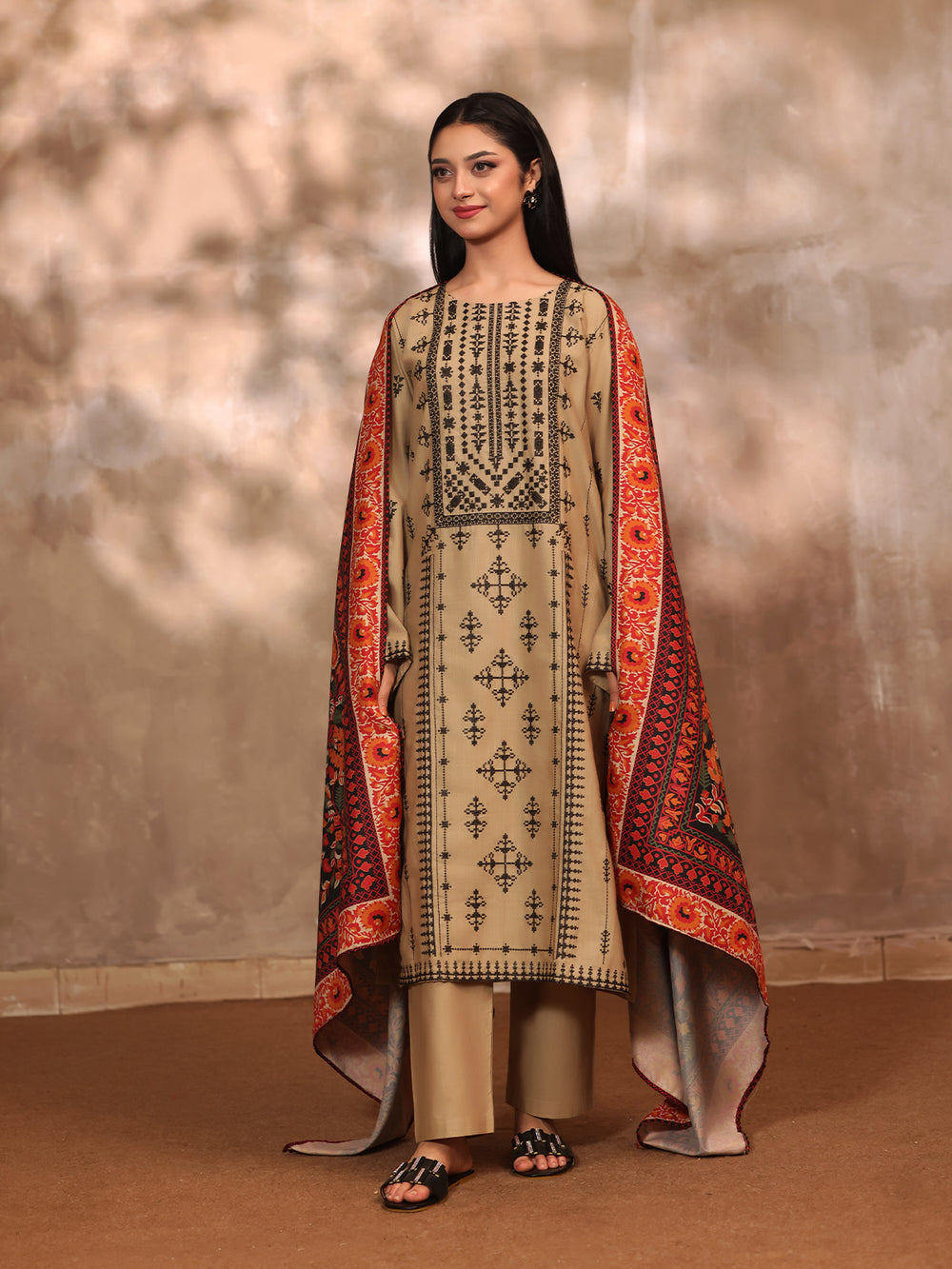 3Pc Embroidered Pret Suit Khaddar Beige - OWE3P-2610005