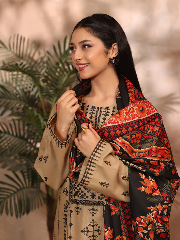 3Pc Embroidered Pret Suit Khaddar Beige - OWE3P-2610005