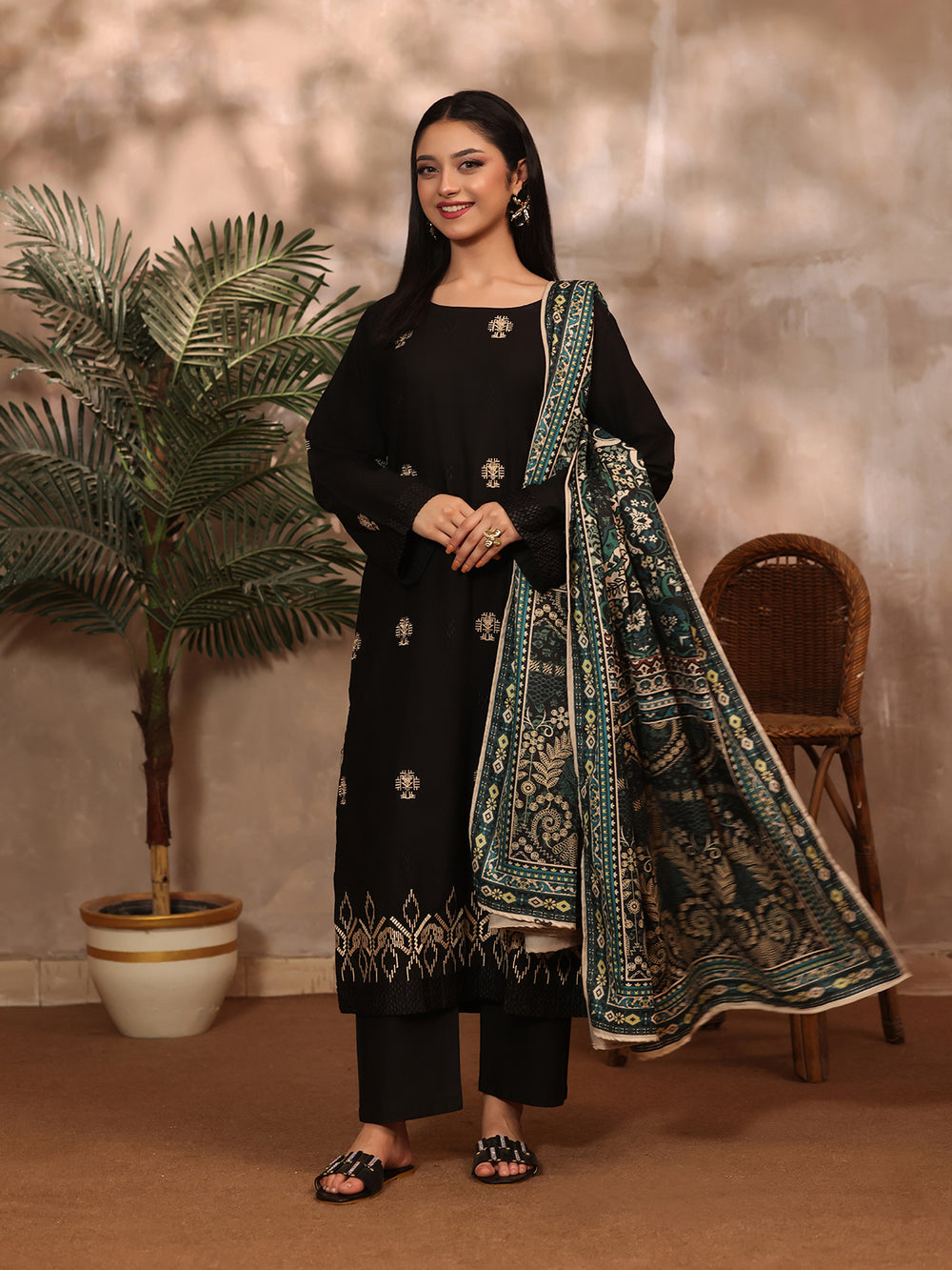 3Pc Embroidered Pret Suit Khaddar Black Beige - OWE3P-2610002