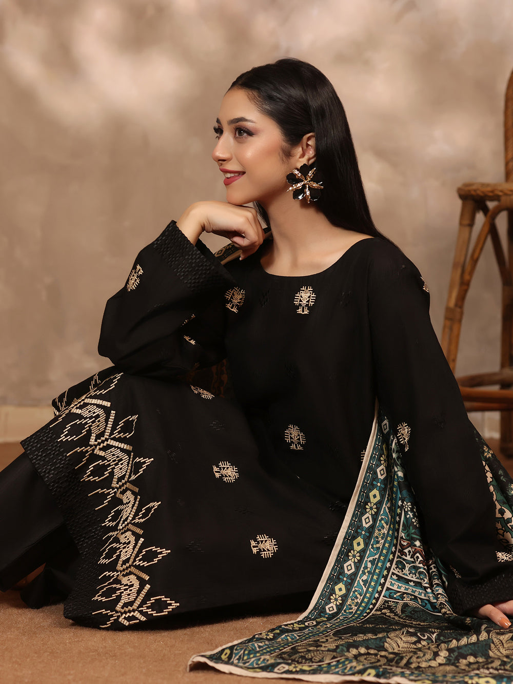 3Pc Embroidered Pret Suit Khaddar Black Beige - OWE3P-2610002