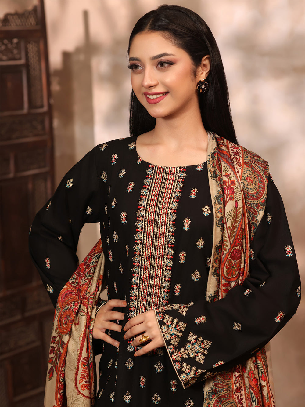 3Pc Embroidered Pret Suit Khaddar Black Red - OWE3P-2610001