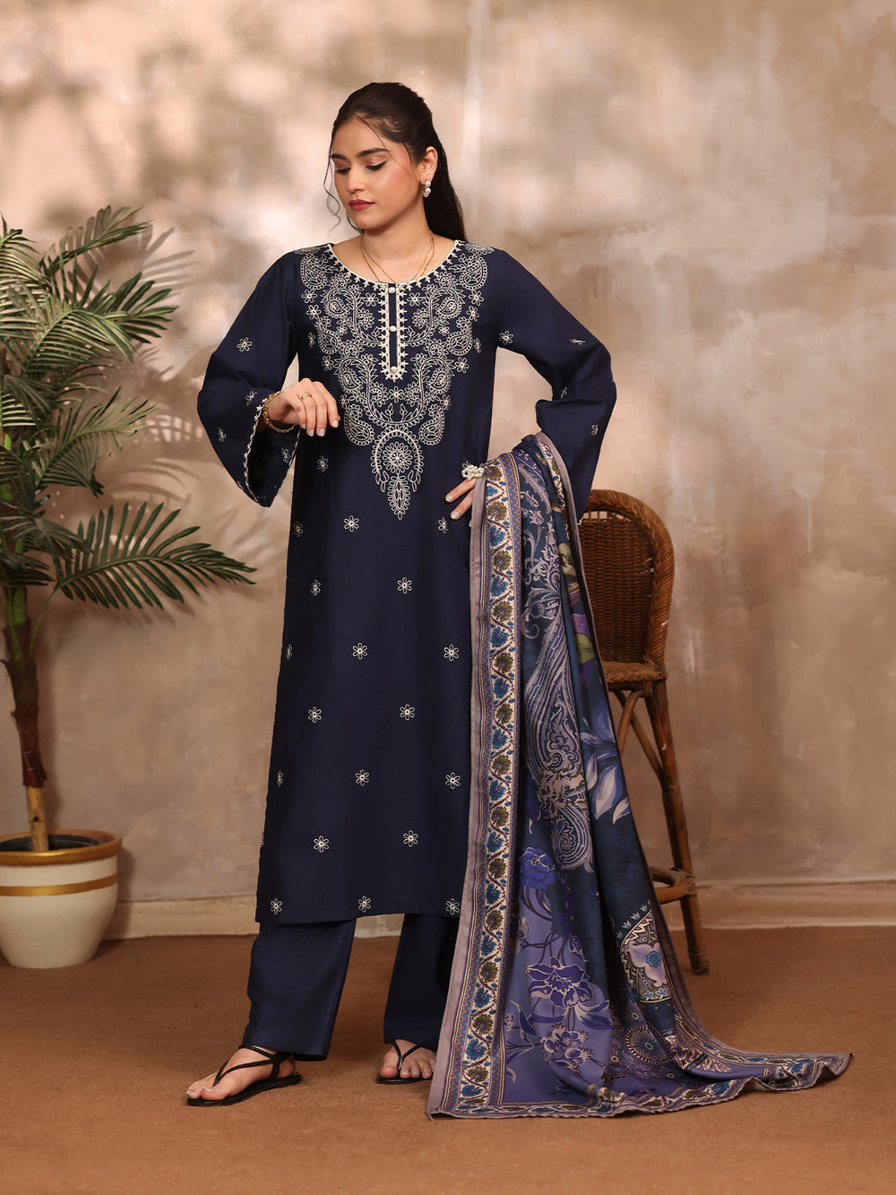 3Pc Embroidered Pret Suit Khaddar Navy Blue - OWE3P-2610003