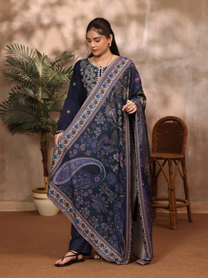 3Pc Embroidered Pret Suit Khaddar Navy Blue - OWE3P-2610003