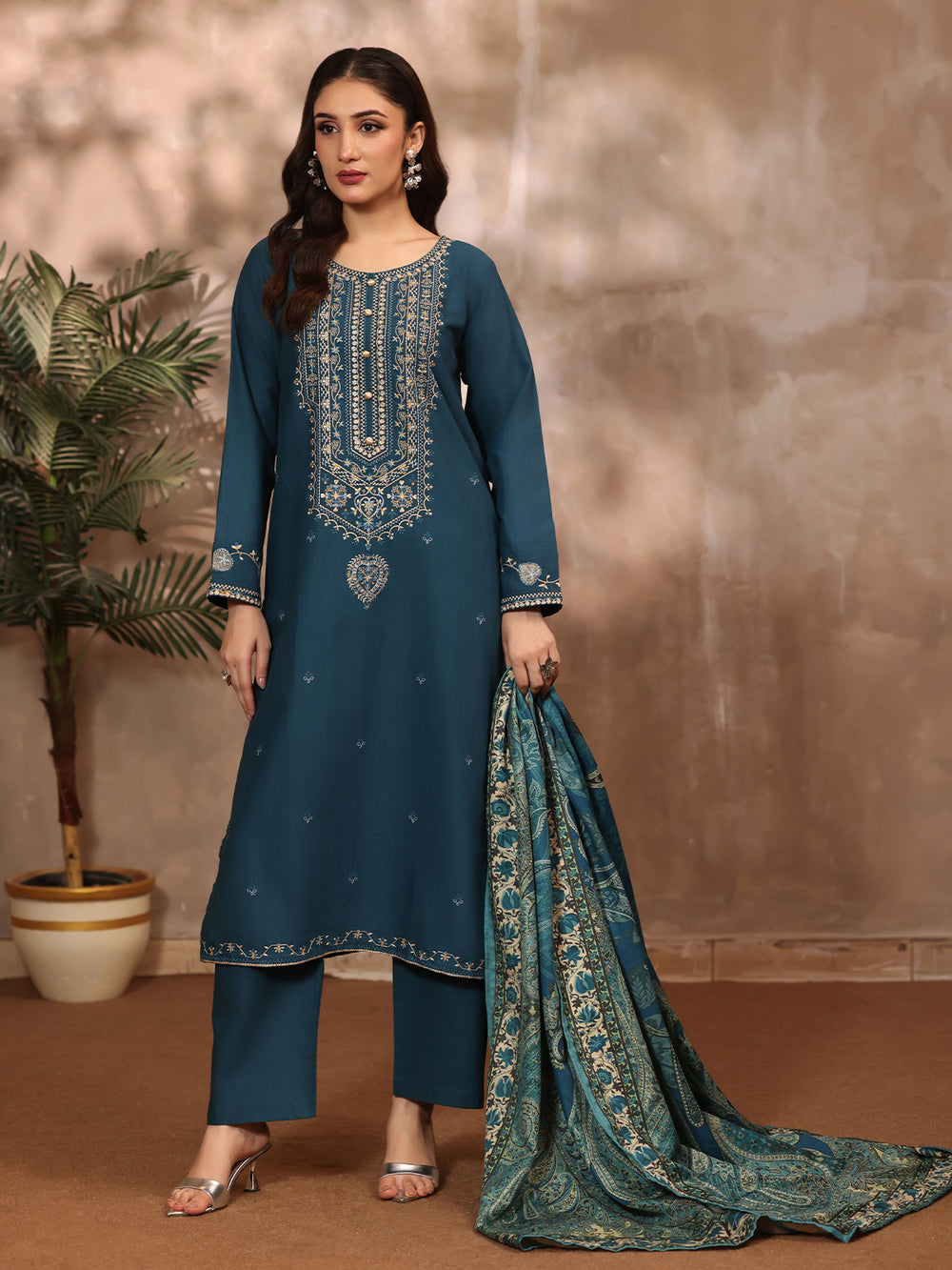 3Pc Embroidered Pret Suit Khaddar Teal - OWE3P-2610006