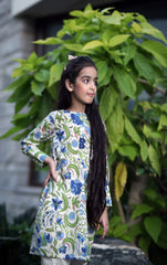 White and Green Printed Cambric Girls Kurti