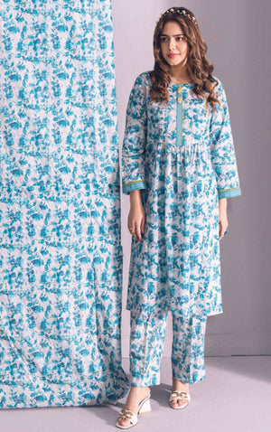 2Pc Printed Pret Shirt Trouser Lawn Aqua Blue - OW2P-2301009