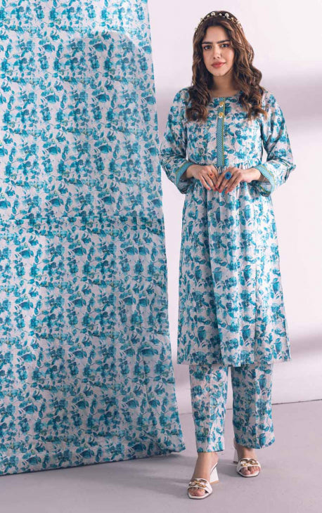 2Pc Printed Pret Shirt Trouser Lawn Aqua Blue - OW2P-2301009