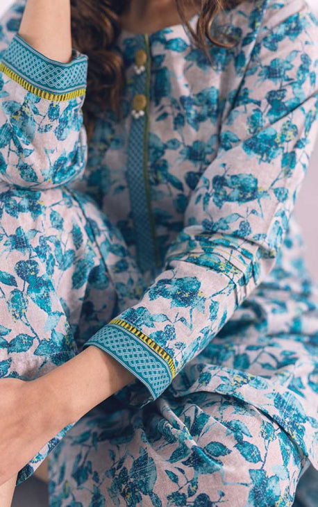 2Pc Printed Pret Shirt Trouser Lawn Aqua Blue - OW2P-2301009