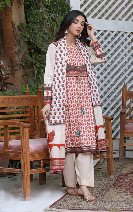 2Pc Printed Pret Shirt Dupatta Cambric Beige - OW2P-2208011