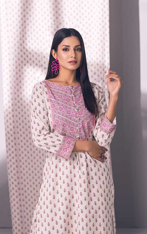 2Pc Printed Pret Shirt Trouser Lawn White & Pink - OW2P-2301002
