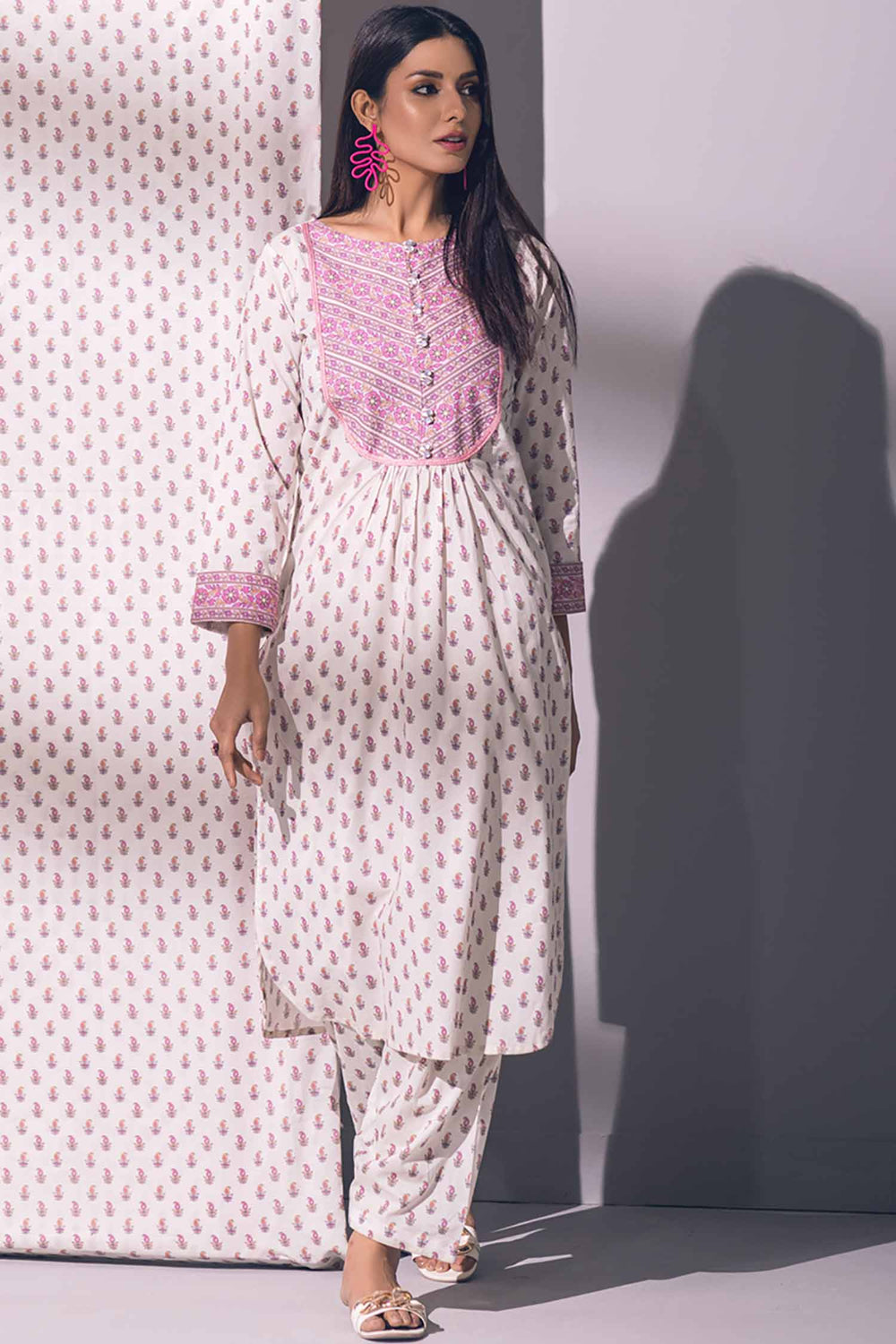 2Pc Printed Pret Shirt Trouser Lawn White & Pink - OW2P-2301002