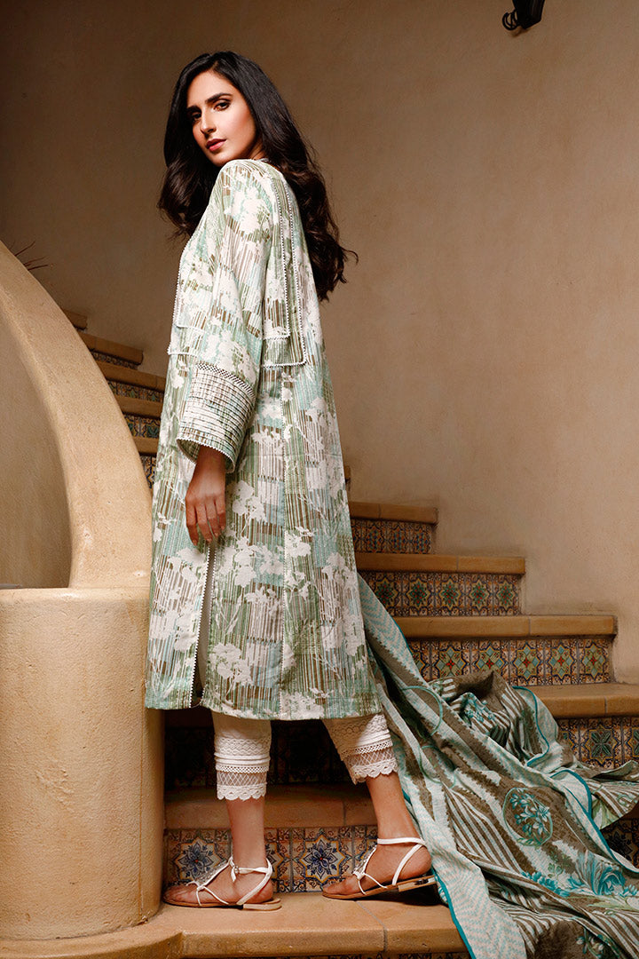 2Pc Printed Pret Shirt Dupatta Khaddar Off White & Green - OWK2P-1912072