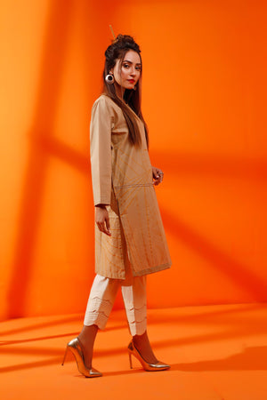 1Pc Printed Pret Kurti Cambric Beige - OWSPK-1907010-1