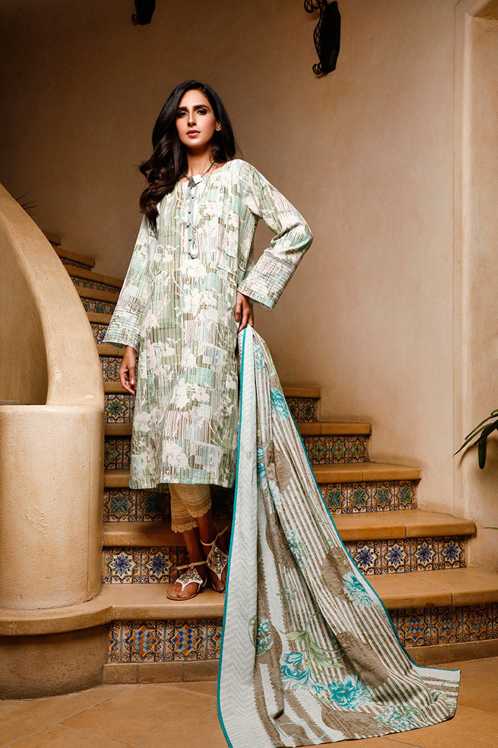 2Pc Printed Pret Shirt Dupatta Khaddar Off White & Green - OWK2P-1912072