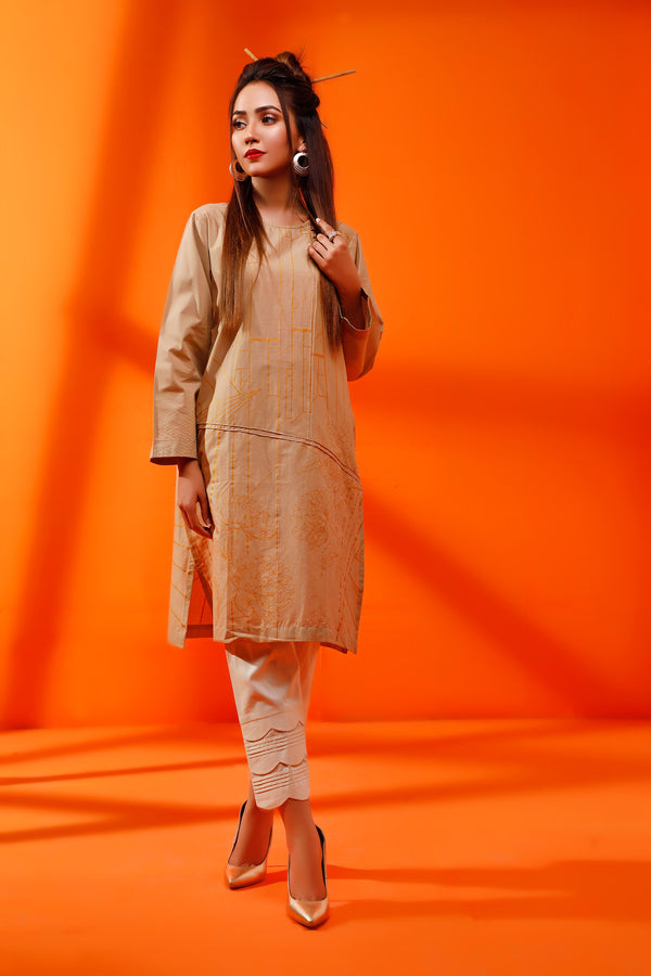 1Pc Printed Pret Kurti Cambric Beige - OWSPK-1907010-1