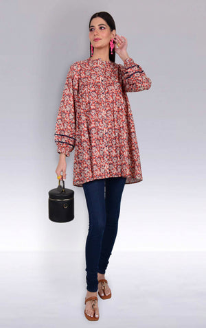 1Pc Printed Fusion Top Lawn Beige & Orange - OWTP-2302015