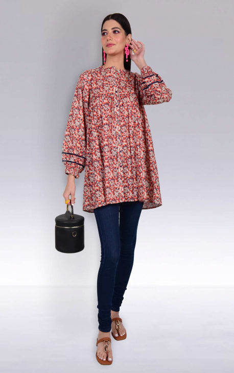 1Pc Printed Fusion Top Lawn Beige & Orange - OWTP-2302015