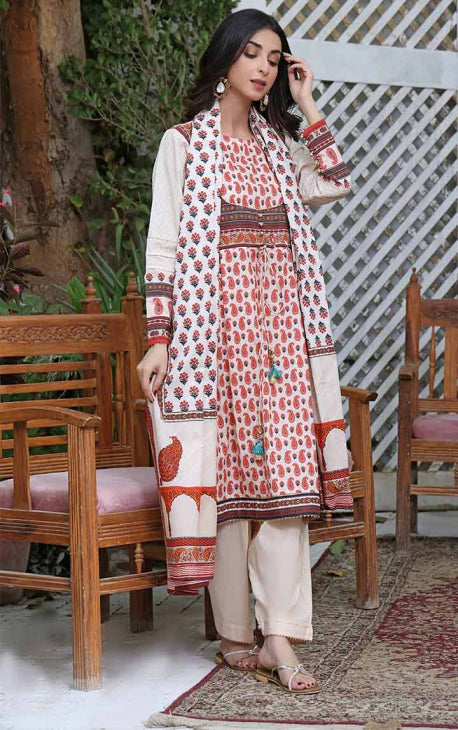 3Pc Printed Unstitched Cotton Beige - OC3P-6000-A