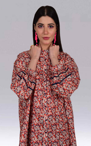 1Pc Printed Fusion Top Lawn Beige & Orange - OWTP-2302015