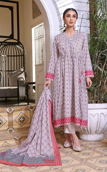 2Pc Printed Pret Shirt Dupatta Cambric White & Grey - OW2P-2208009