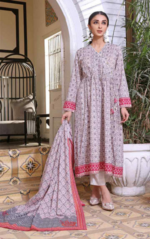 2Pc Printed Pret Shirt Dupatta Cambric White & Grey - OW2P-2208009