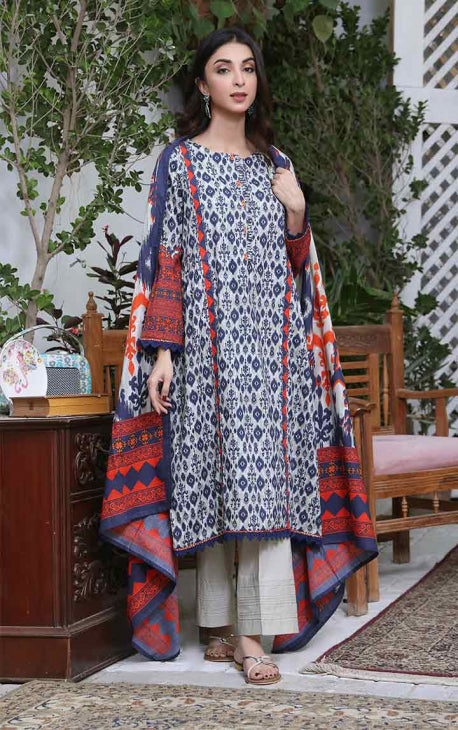 2Pc Printed Pret Shirt Dupatta Cambric Grey & Blue - OW2P-2208003