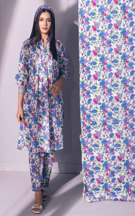 2Pc Printed Pret Shirt Trouser Lawn White & Blue - OW2P-2301008