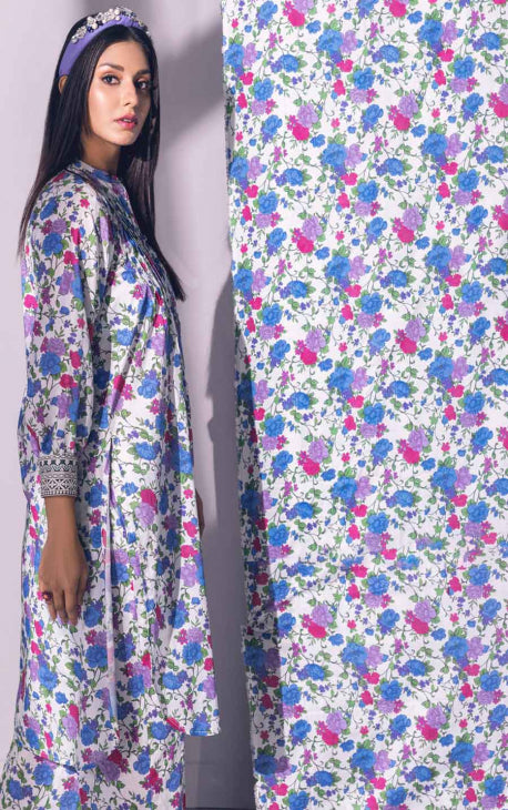 2Pc Printed Pret Shirt Trouser Lawn White & Blue - OW2P-2301008